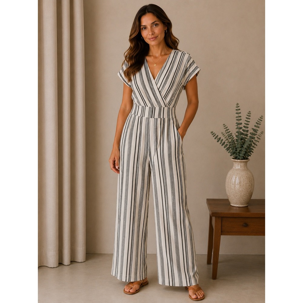 American Eagle Jumpsuit‎ Medium White Black Striped Linen Wide Leg Breathable